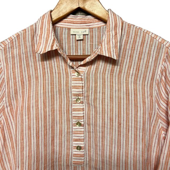 J. Jill Pure Linen Coral Orange White Striped Popover 3/4 Sleeve Tunic - Picture 3 of 13